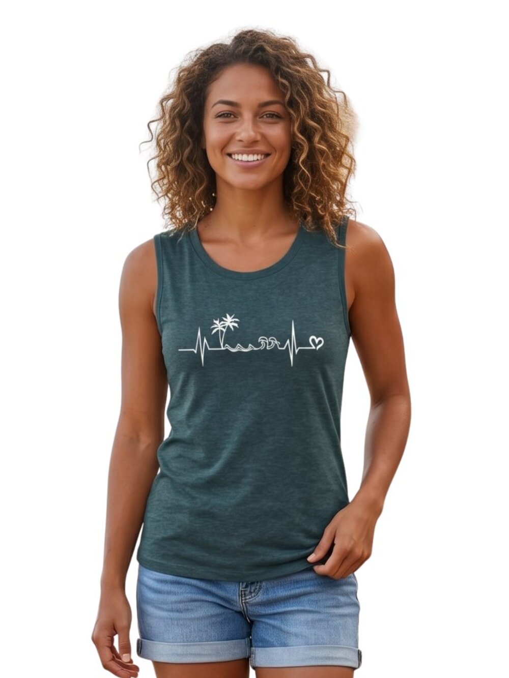 NWOT | Teal Blue Palm Tree Wave Heartbeat Graphic Sleeveless Tank Top Large